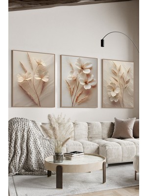 Empressco Kahverengi Ahşap Çerçeveli 3’lü Mdf Tablo, Modern Çiçek ve Başak Teması