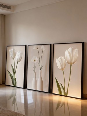 Empressco Minimal Beyaz Çiçek 3’lü Tablo Seti, Modern Duvar Dekoru