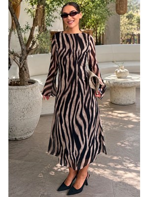 Madmext Bej Zebra Desenli Şifon Midi Elbise MG2854