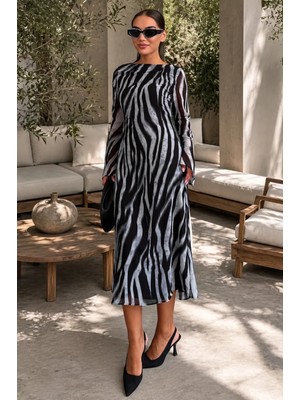 Madmext Gri Zebra Desenli Şifon Midi Elbise MG2854