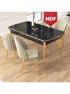 Canisa Edaf Serisi 80X132 MDF Açılabilir Siyah Mermer Desen Mutfak Masa Takımı 4 Sandalye Gold Detay