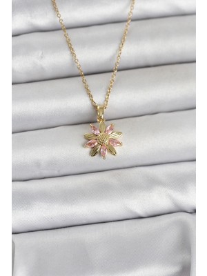 Lumina 316L Çelik Zincir Gold Renk Pembe Papatya Model Kadın Kolye 5886