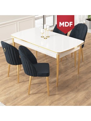 Canisa Edaf Serisi MDF 80X132 Açılabilir Beyaz Mutfak Masa Takımı 4 Sandalye Gold Detay