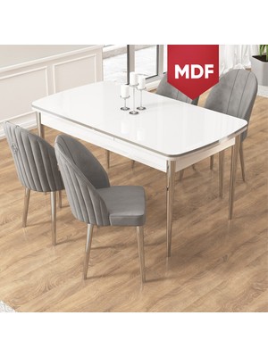 Canisa Edaf Serisi MDF 80X132 Açılabilir Beyaz Mutfak Masa Takımı 4 Sandalye Krom Detay
