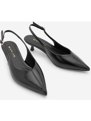 Marjin Kadın Stiletto Arkası Açık Atkılı Bantlı Önü Dikiş Detaylı V Yaka Kısa Topuklu Ayakkabı Orvani Siyah