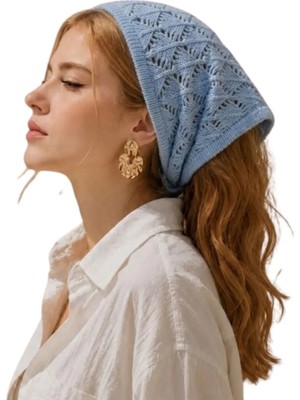 Irmak Kerekli Kadın Pamuklu Yumuşak Dokulu Delikli Triko Bandana 7011 Mavi