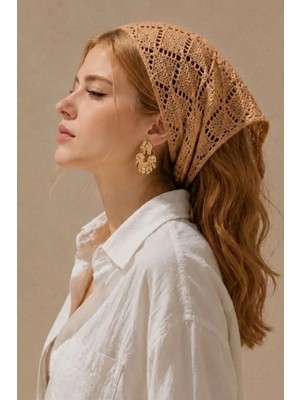Irmak Kerekli Kadın Pamuklu Yumuşak Dokulu Delikli Triko Bandana 7011 Camel