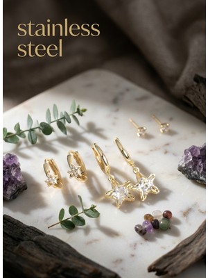 Stainless Steel Pirinç Gold Renk Yıldız Model 925 Gümüş Çivili Küpe Set