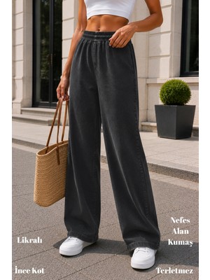 Cedy Denim  Yazlık Ince Kumaş Cepsiz Yüksek Bel Lastikli Likralı Kadın Palazzo Pantolon C631