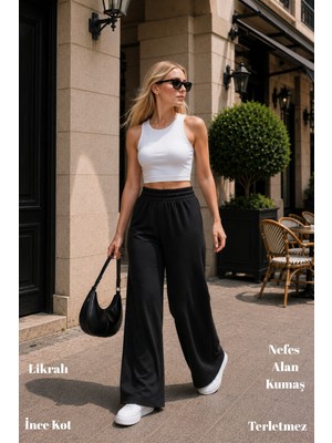 Cedy Denim  Yazlık Ince Kumaş Cepsiz Yüksek Bel Lastikli Likralı Kadın Palazzo Pantolon C631