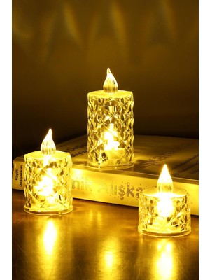 Empressco 3'lü Kristal Desenli LED Mum Seti, Pilli, Dekoratif, Dumansız, Alevsiz