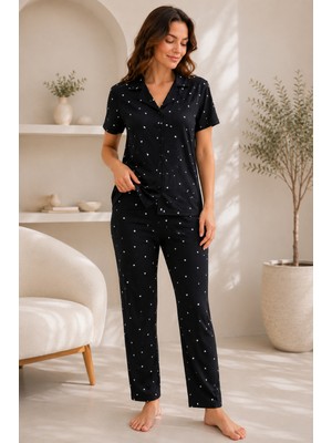 Wordex Mirano 9508 Minik Kalpli Desenli Pegasus Kumaş Düğmeli Kısa Kolu Kadın Pijama Takımı
