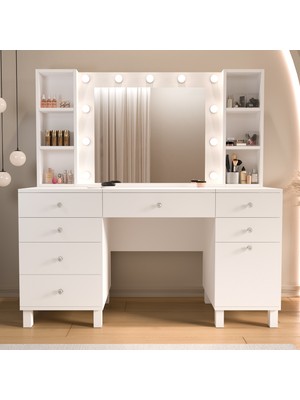 Robin Home Hollywood Makyaj Masası 7 Çekmece Kapaklı Düzenleyici Hollywood LED Işıklı Raflı Beyaz