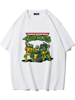 Brz Collection Unisex Oversize Teenage Mutant Ninja Turtles - Ninja Kaplumbağalar - T-Shirt (Beyaz)