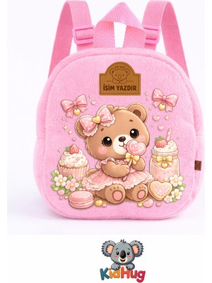 Kidhug Peluş Çocuk Sırt Çantası Isim Yazılır Ayıcık Baskılı Kız Bebek Okul Çantası Yumuşak Tüylü Fermuar Tek Gözlü Bebek Pembe 27X24 cm Kişiye Özel Hediye