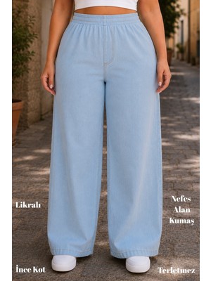 Cedy Denim Kadın Büyük Beden Yüksek Bel Palazzo Pantolon Yazlık Ince Kumaş Terletmez Likralı C633
