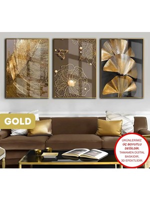 Empressco Harikabirev Kahverengi-Gold Şık Çiçek Kombini 3'lü Dikey Tablo