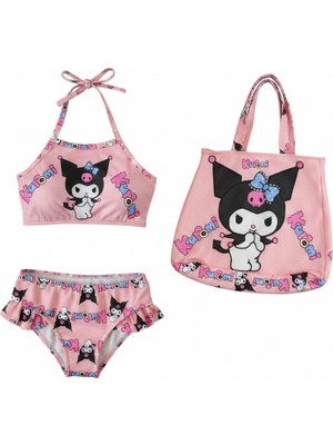 Milays Kız Çocuk Karakter Baskılı Eteği Fırfırlı- Ip Bağlamalı Çanta Mayo Bikini 3 Lü Takım