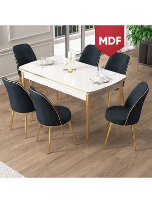 Canisa Pale Serisi MDF 80X132 Açılabilir Beyaz Mutfak Masa Takımı 6 Sandalye Gold Detay