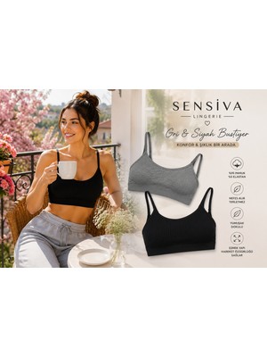 Sensiva Lingerie 2'li Esnek Fitilli Ip Askılı Ribana Bustiyer - Nefes Alan Dokulu Crop Atlet - Uyku Sütyeni Seti