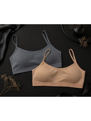 Sensiva Lingerie 2'li Esnek Fitilli Ip Askılı Ribana Bustiyer - Nefes Alan Dokulu Crop Atlet - Uyku Sütyeni Seti