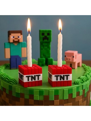 ESM 3D Minecraft Tnt Mumluk – 2’li Blok Mumluk Seti – Doğum Günü Pastası Süsü – Parti Aksesuar