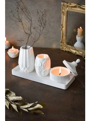Jeane Home Decor Özel Tasarım Dekoratif Vazo Kokulu Soya Mumluk ve Tealight Beton Obje Seti Hediyelik Dekor