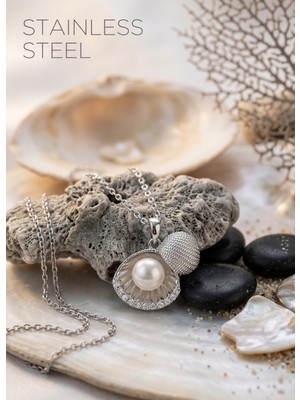 Stainless Steel 316L Çelik Zincir Gümüş Renk Incili Deniz Kabuğu Model Zirkon Taşlı Kolye