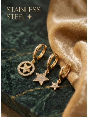 Stainless Steel Pirinç Zirkon Taşlı Yıldız Model Gold Renk 3'lü Küpe Set