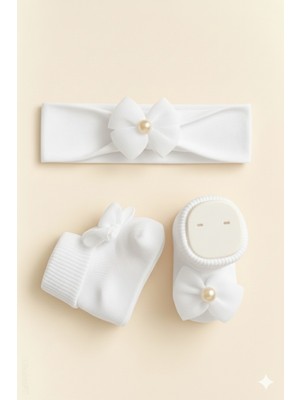 Baby Socks Fiyonklu Bandana Beyaz Hediyelik Bebek Çorap Takım