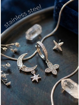 Stainless Steel Pirinç Zirkon Taşlı Çiçek ve Ay Model Gümüş Renk 3'lü Küpe Set