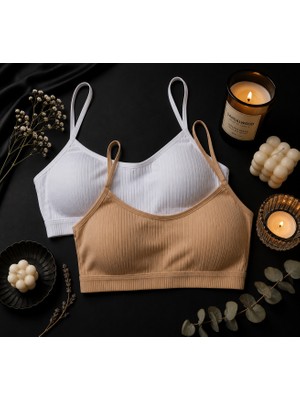 Sensiva Lingerie 2'li Esnek Fitilli Ip Askılı Ribana Bustiyer - Nefes Alan Dokulu Crop Atlet - Uyku Sütyeni Seti