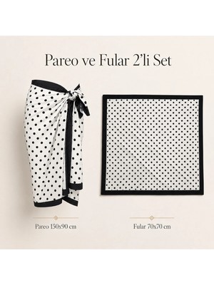 Tarzını Seç Premium Beyaz Siyah Puantiye Desenli 2’li Pareo ve Bandana Seti 150X95 cm / 70X70 cm