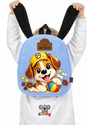 Kidhug Köpek Figürlü 3D Kulaklı Peluş Çocuk Sırt Çantası Isim Yazılır Erkek Bebek Anaokulu Kreş Okul Çantası Yumuşak Tüylü Fermuar Tek Gözlü Mavi Siyah 27X24 cm Kişiye Özel Doğum Günü Hediyesi