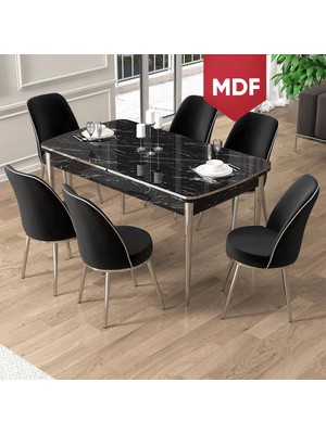 Canisa Pale Serisi MDF 80X132 Açılabilir Beyaz Mutfak Masa Takımı 6 Sandalye Krom Detay