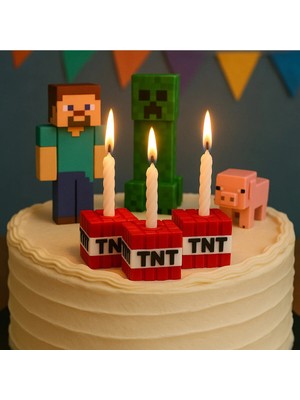 ESM 3D Minecraft Tnt Mumluk – 3’lü Blok Mumluk Seti – Doğum Günü Pastası Süsü – Parti Aksesuar