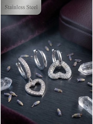 Stainless Steel Pirinç Zirkon Taşlı Kalp Model Gümüş Renk 3'lü Küpe Set