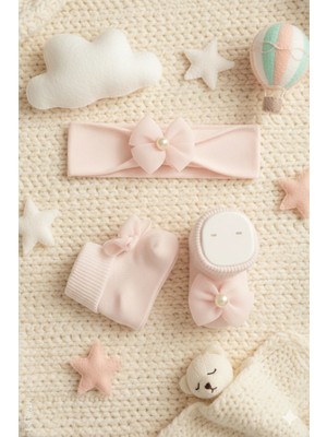 Baby Socks Fiyonklu Bandana Pembe Hediyelik Bebek Çorap Takım