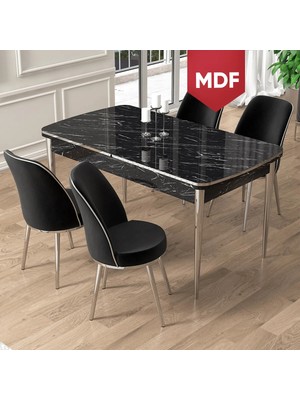 Canisa Pale Serisi MDF 80X132 Açılabilir Siyah Mermer Desen Mutfak Masa Takımı 4 Sandalye Krom Detay