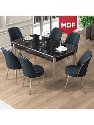 Canisa Pale Serisi MDF 80X132 Açılabilir Siyah Mermer Desen Mutfak Masa Takımı 6 Sandalye Krom Detay