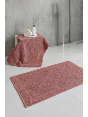 Sevim 2'li Ayak Havlusu Seti - %100 Pamuk Banyo Paspası - Jakarlı Yaprak Desenli Paspas Havlu 2'li- 50X70 cm - Kiremit