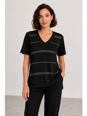 Bihan Store Kadın V Yaka Taş Detaylı T-Shirt - Y26-1305 - Siyah