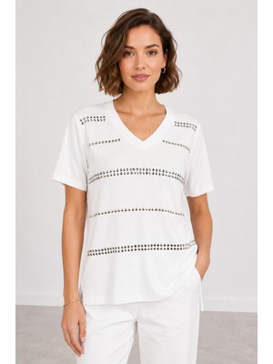 Bihan Store Kadın V Yaka Taş Detaylı T-Shirt - Y26-1305 - Ekru