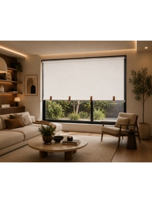 P Studio Home Atelier Button | Gerçek Deri ve Düğme Detaylı Keten Dokulu Tasarım Stor Perde