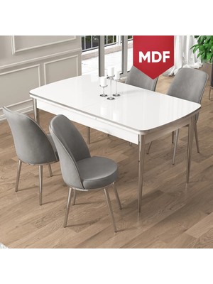 Canisa Pale Serisi MDF 80X132 Açılabilir Beyaz Mutfak Masa Takımı 4 Sandalye Krom Detay