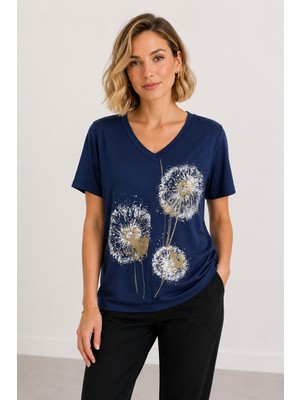 Bihan Store Kadın V Yaka Karahindiba Desenli T-Shirt - Y26-1310 - Lacivert