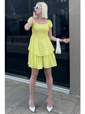 Madmext Sarı Katlı Etekli Beli Büzgülü Elbise MG2103