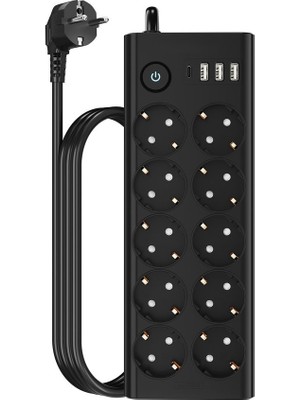 Skygo Çoklu Priz 10 lu + 3 USB + 1 Type-C 3680W 16A Anahtarlı Akım Korumalı Uzatma Prizi (2 Metre Kablo) FTR14