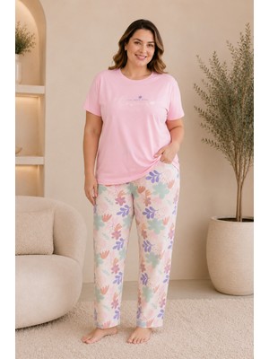 Wordex Mirano 4511 Çiçekli Kısa Kollu Pamuklu Penye Büyük Beden Kadın Pijama Takımı