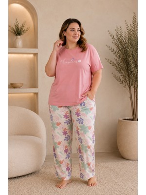Wordex Mirano 4511 Çiçekli Kısa Kollu Pamuklu Penye Büyük Beden Kadın Pijama Takımı
